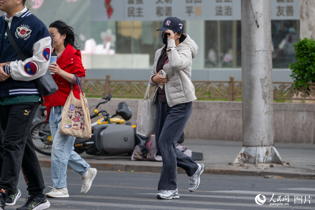 4月12日，北京西大望路，市民在大風中出行。人民網(wǎng)記者 翁奇羽攝
