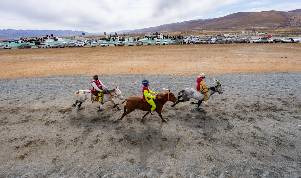 4月27日，騎手馳騁在當雄縣賽馬場。新華社記者 丁增尼達 攝