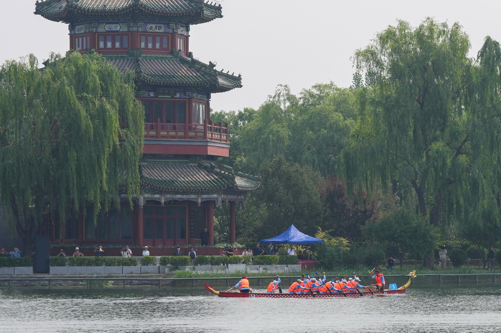 5月29日，2025中國大運(yùn)河文化帶京杭對話配套活動(dòng)“河之端”龍舟賽在北京市西城區(qū)什剎海進(jìn)行，杭州市龍舟隊(duì)在比賽中。新華社記者 鞠煥宗 攝