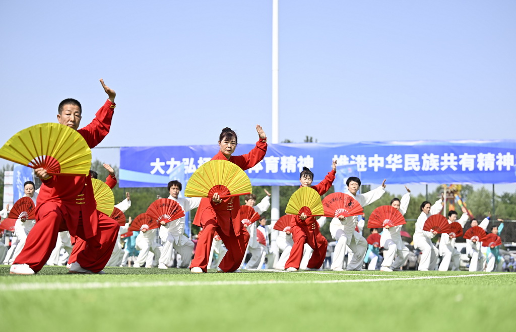 6月10日，群眾在活動(dòng)上參加百人功夫扇展演。