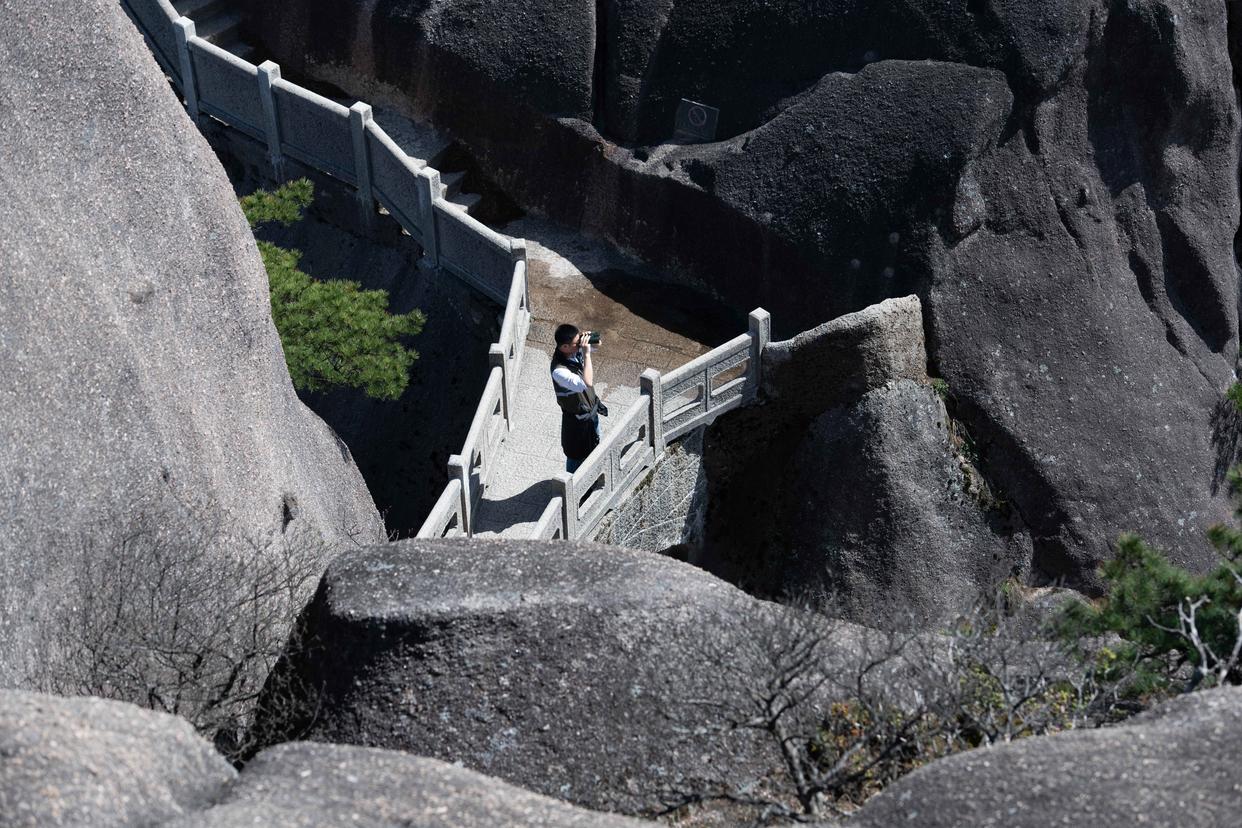 2025年4月23日，黃山風(fēng)景區(qū)管理委員會園林局高級工程師吳貽軍在封閉輪休中的蓮花峰景點(diǎn)，通過望遠(yuǎn)鏡查看古松冠頂新梢生長情況。新華社記者 張端 攝